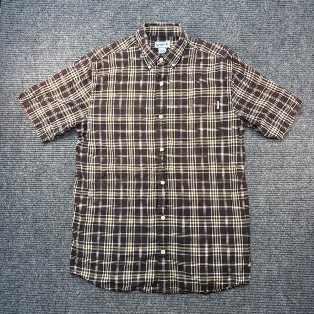 Carhartt Mens Brown Plaid Short Sleeve Button Down Shirt Cotton Large Workwear - Picture 3 of 6